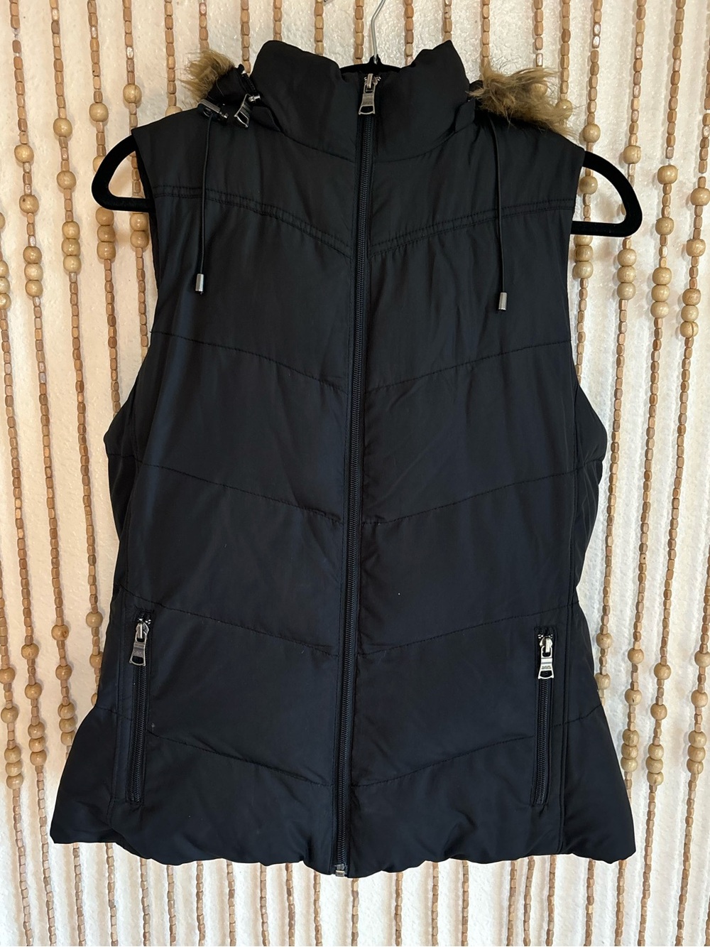 Banana Republic Black & Brown Fur Trim Hooded Sporty Outdoor Puffer Zip Up Vest